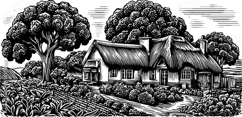 Vintage farmhouse with thatched roof and garden silhouette design