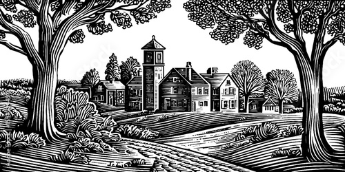 Black and white sketch of historic town square with cobblestone path and tower view