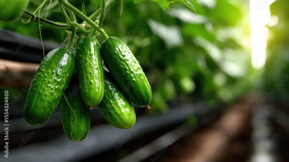 Vibrant green cucumbers growing on sturdy vines in a lush garden, showcasing the natural beauty of healthy vegetables ready for harvest, symbolizing freshness and health. Vibrant green cucumbers growing on sturdy vines in a lush garden, showcasing the natural beauty of healthy vegetables ready for harvest, symbolizing freshness and health.