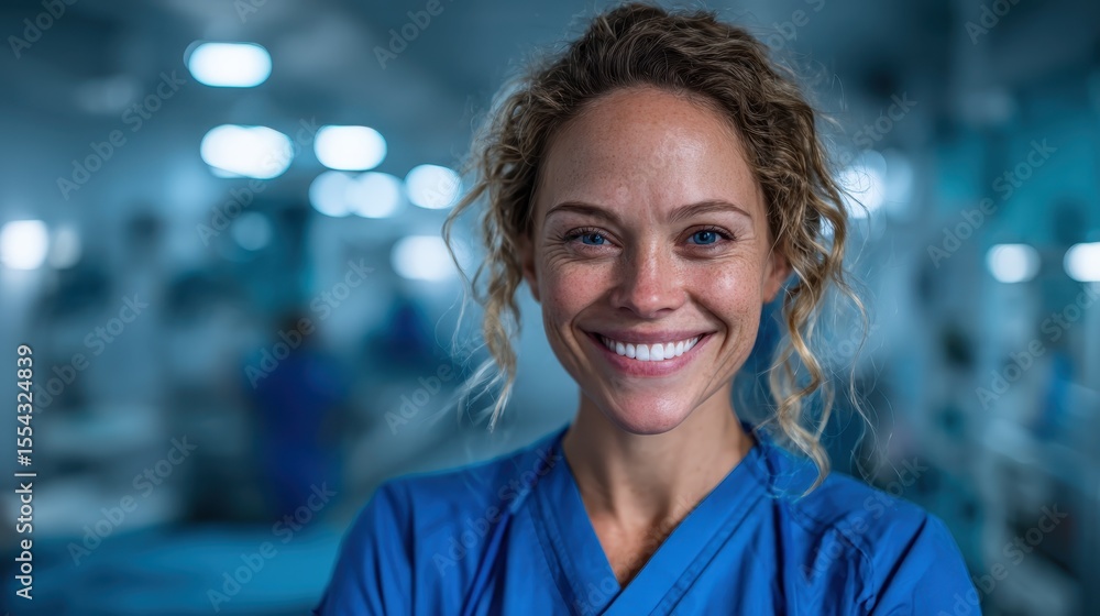 A bright and cheerful female healthcare professional in blue scrubs smiles warmly at the camera, reflecting positivity and compassion in a clinical environment. A bright and cheerful female healthcare professional in blue scrubs smiles warmly at the camera, reflecting positivity and compassion in a clinical environment.