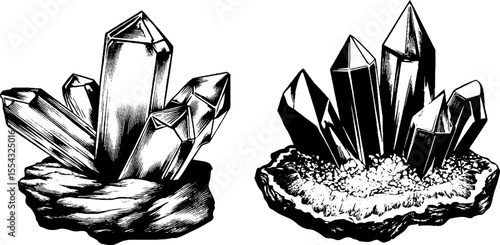 Vintage amethyst cluster and stylized purple stone sketch for decorative design