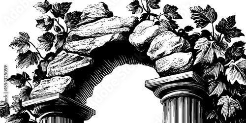 Ancient ruin arch with vine overgrowth engraving for decorative design