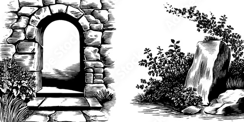 Ancient stone doorway and cracked threshold with overgrown foliage - vintage design for architecture and nature themes