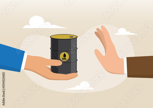 One hand offering an oil barrel while another hand gestures to refuse it