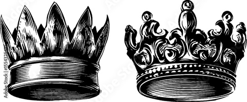 Vintage crown badges and crests with scrollwork design for retro projects