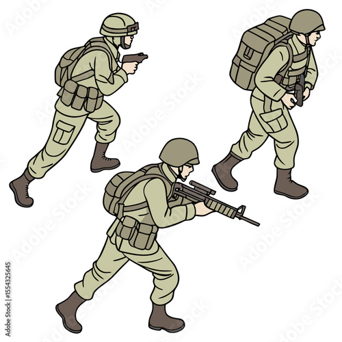 Military Personnel in Action Tactical Maneuvers and Combat Readiness Illustrations