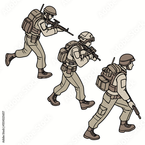 Military Personnel Tactical Movement Illustration of Soldiers in Combat Maneuvers, showcasing dynamic action poses and strategic movement techniques