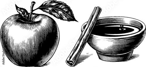 Baked apple, cinnamon stick, and bowl of syrup for autumn flavors and holiday baking