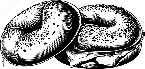 Vintage bagel with cream cheese and poppy seeds - hand drawn culinary art for menu design