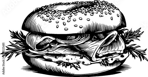 Vintage bagel with cream cheese and red onion sketch for culinary design