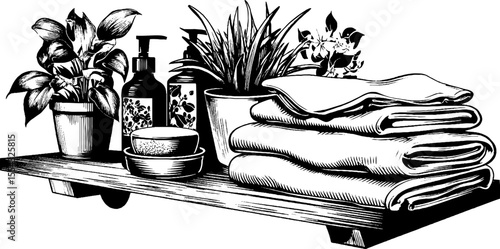 Elegant bathroom shelf with potted plants and neatly folded towels