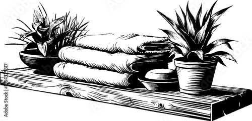 Vintage bathroom shelf with neatly folded towels and potted plants for spa decor