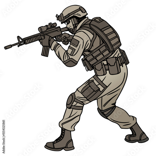 Military Combat Illustration Soldier in Action, Tactical Gear, Weaponry, and Strategic Defense