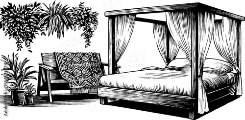 Bohemian bedroom decor with canopy bed and hanging plants design for interiors