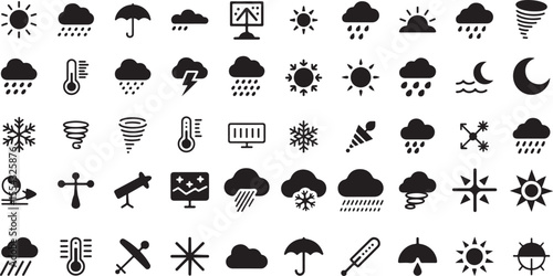 Weather icons sun rain clouds thermometer snowflake umbrella