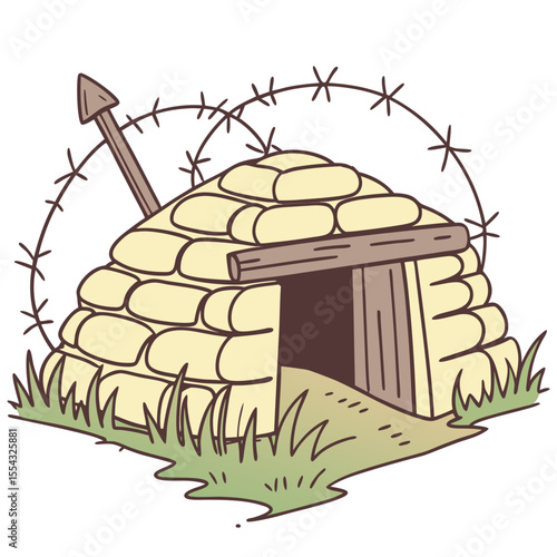 WWI Sandbag Bunker Illustration A Fortified Shelter Design Depicting Trench Warfare