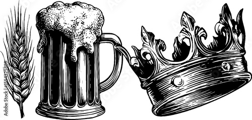 Vintage beer mug with foam and barley stalk accompanied by decorative crown - perfect for pub decor or brewing enthusiasts