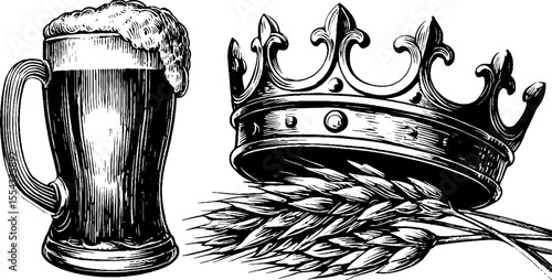 Vintage beer mug with foam, crown, and barley illustration for pub decor or brewery label