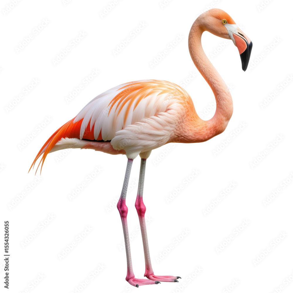 Fototapeta premium Pink flamingo standing gracefully in wetland environment symbolizing tropical wildlife, isolated on white background