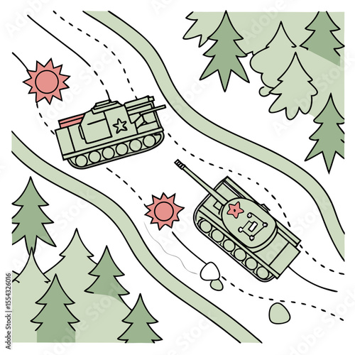 Military Tank Warfare Strategic Maneuvers in a Forest River Valley Illustration