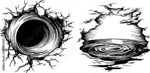 Abstract black hole swirl and event horizon ring illustration for sci-fi design