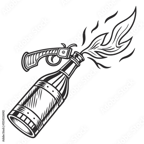 Fiery Molotov Cocktail Illustration A Vintage-Style Drawing of a Weaponized Bottle with a Burning Flame and Pistol