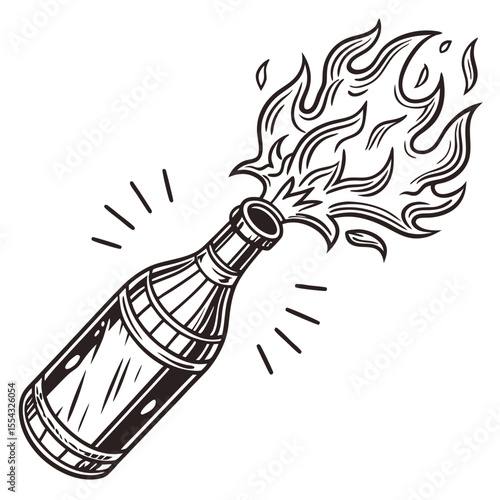 Fiery Molotov Cocktail Illustration Explosive Ink Drawing of a Flaming Bottle