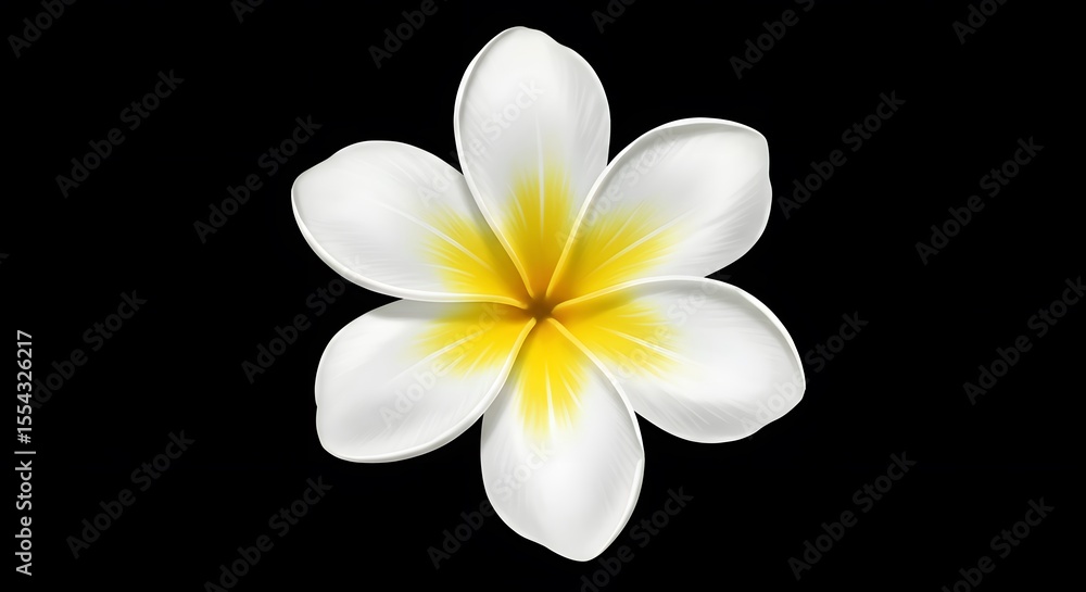 Fototapeta premium A pristine white plumeria flower with a vibrant yellow center, isolated on black