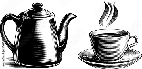Vintage tea set with boiling kettle and steam spiral design for retro decor