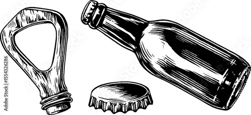 Vintage beverage set with bottle opener and fizz burst for retro design
