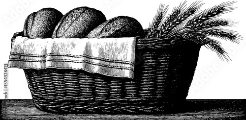 Vintage bread basket with linen cloth and wheat illustration for retro design