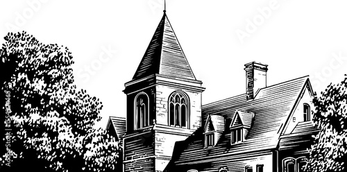 Vintage architectural sketch of brick corbel table and pointed gable design for prints