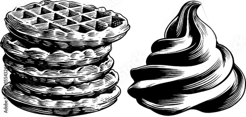 Vintage bubble waffle stack and whipped tower illustration for retro design