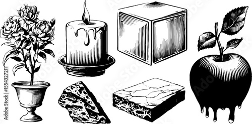 Vintage ceramic tile designs with exquisite floral, candle, and fruit illustrations