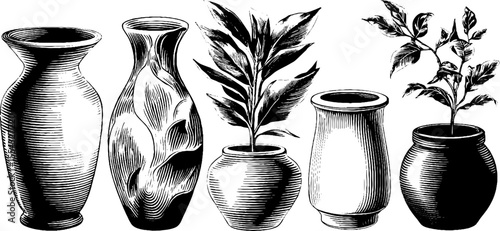Collection of ceramic vases with hand painted motifs and botanical elements