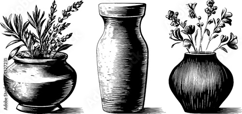 Handcrafted ceramic vases with artistic motifs and botanical designs for decor