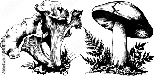 Vintage mushroom collection: hand drawn chanterelle and boletus for retro design