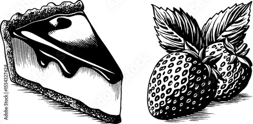 Vintage cheesecake slice with berries sketch for culinary design