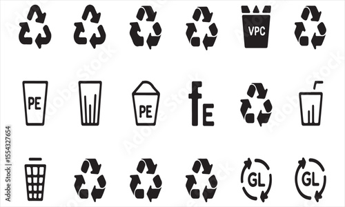 Collection of black recycling symbols and waste management icons on a white background