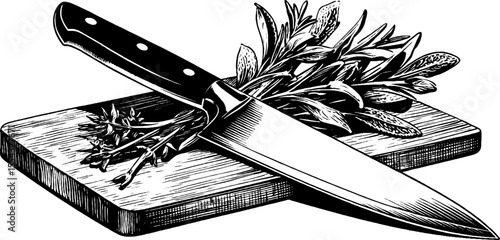 Classic kitchen tools with chefs knife, cutting board, and herbs for culinary design