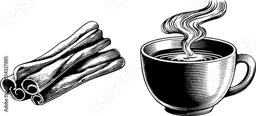 Vintage cinnamon sticks and steaming cup with spice cloud illustration for design
