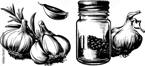 Aromatic cloves and garlic with peppercorn jar for culinary and spices illustration