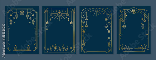 Christmas Frame Luxury Happy Holidays invitation card design vector. Minimal Happy New Year, Christmas tree, bauble ball, snowflake on navy blue background. Design for Season's Greeting, cover.