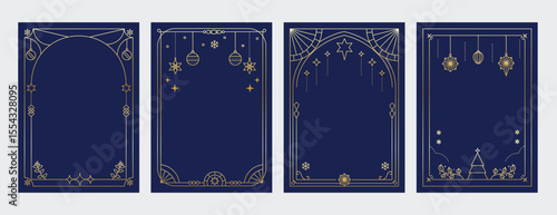 Christmas Frame Luxury Happy Holidays invitation card design vector. Minimal Happy New Year, Christmas tree, bauble, snowflake, holly on navy blue background. Design for Season's Greeting, cover.