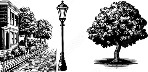Charming street scene with cobblestone pathway and ornamental streetlight illustration for retro design