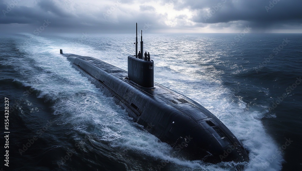 Fototapeta premium Timeless and Polished US Navy Submarine Sailing Ocean Waters – A Photorealistic Image with Stylish, Sophisticated Mood