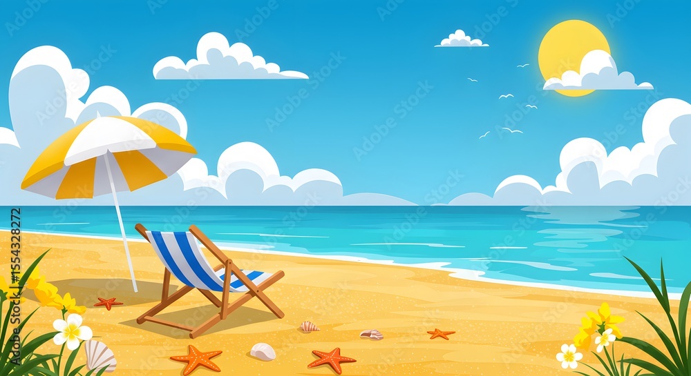 Obraz premium Relaxing Beach Scene with Umbrella, Deckchair, and Starfish