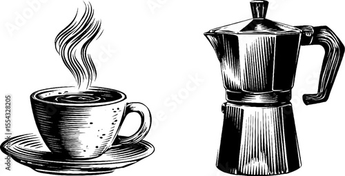 Vintage coffee set with press, steaming cup, and ground beans design for kitchen decor