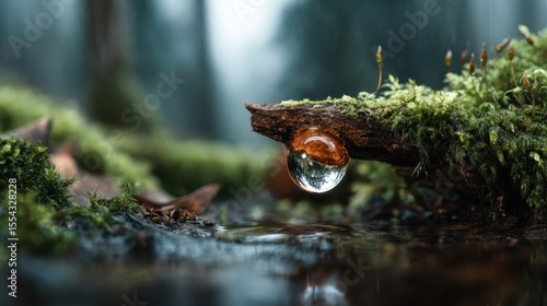 A stunning close-up of a water droplet clinging to a moss-covered twig, capturing a beautiful reflection of the surrounding serene forest environment, evoking calmness.