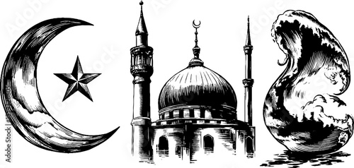 Islamic symbols with crescent star mosque and wave design for cultural decor